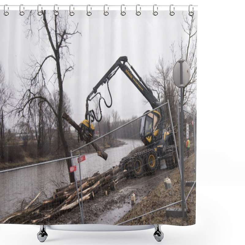 Personality  Harvesting Trees With Heavy Machinery In The Woods Shower Curtains