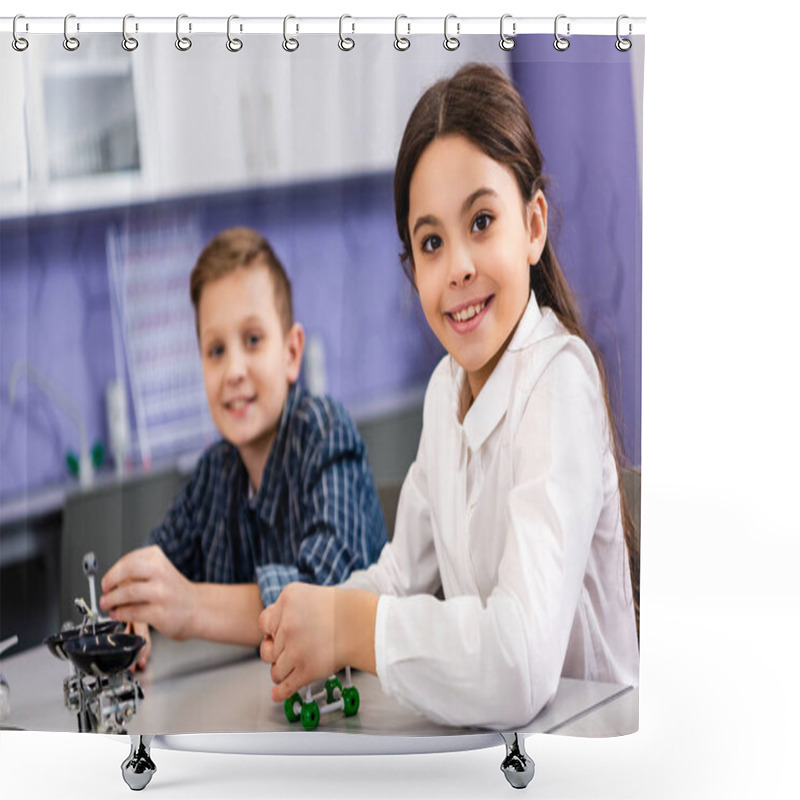 Personality  Pupils Holding Molecule Structures While Sitting In Classroom During Chemistry Lesson Shower Curtains