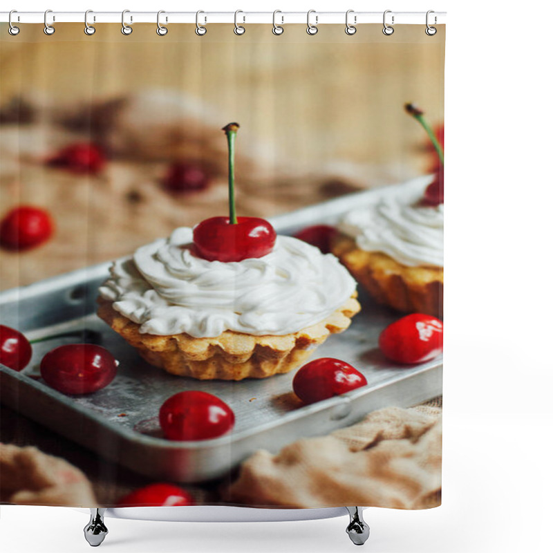 Personality  Beautiful Chocolate Cupcakes With White Protein Cream And Cherry Shower Curtains