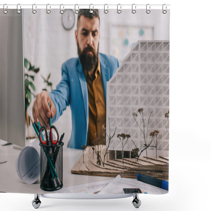 Personality  Busy Adult Male Architect In Formal Wear Working On Project At Computer Desk In Office Shower Curtains