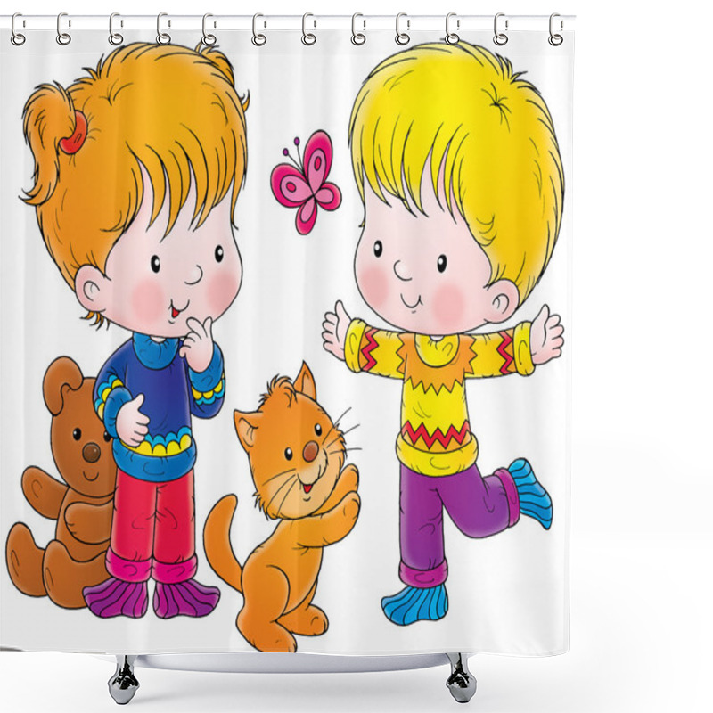 Personality  Boy And Girl Chasing A Butterfly And Playing Shower Curtains