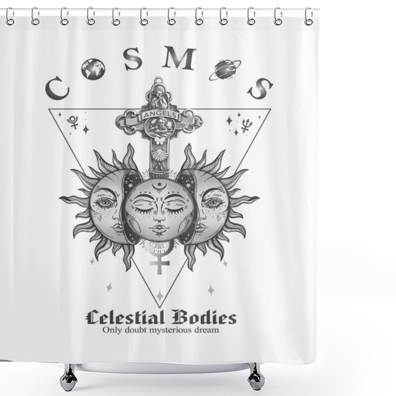 Personality  Mystic Pattern With Sun And Angel Cross Cosmos Background. Space And Abstract Astrology Magic Sky, Vector. Celestial Bodies Design Shower Curtains