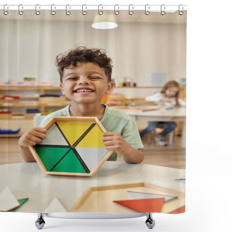 Personality  Happy African American Boy Holding Wooden Game Near Table In Class In Montessori School Shower Curtains