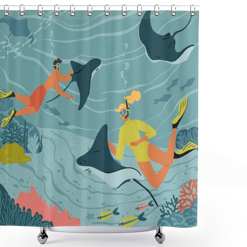 Personality  Happy Excited Male And Female Tourist In Snorkeling Mask Swimming With Ramp Underwater Sea Creature Vector Illustration. Amazing Scuba Diving Concept Shower Curtains