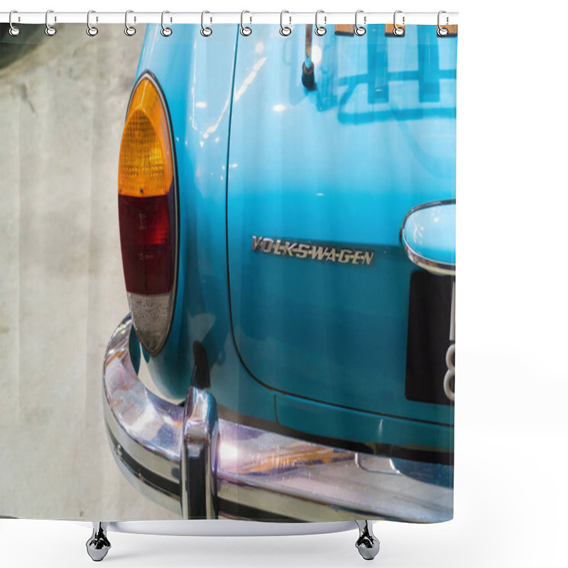 Personality  KUALA LUMPUR, MALAYSIA - JULY 28, 2018: Close-up Tail Light From Volkswagen Karmann-Ghia At Festival Art Of Speed In Kuala Lumpur, Malaysia Shower Curtains