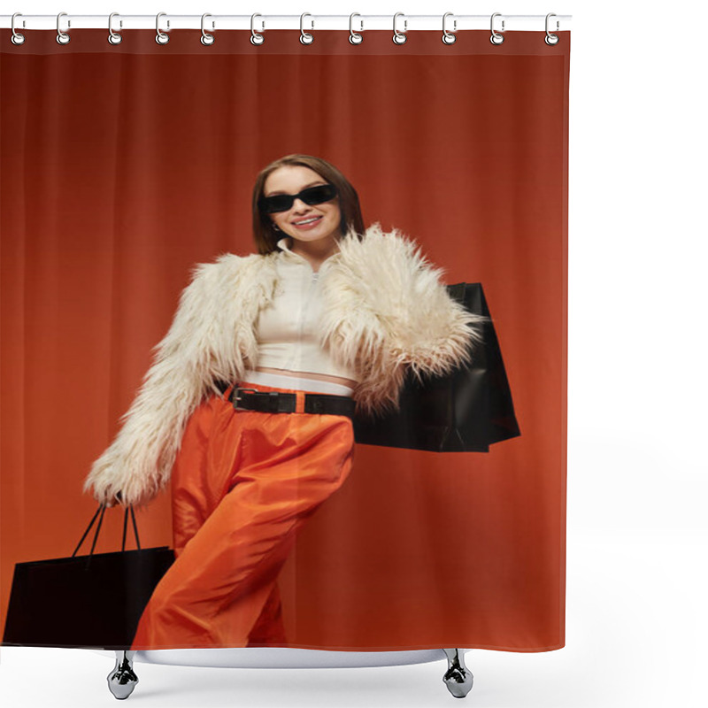 Personality  A Stylish Woman In A Fluffy Coat Poses With Shopping Bags Against A Bright Background. Shower Curtains