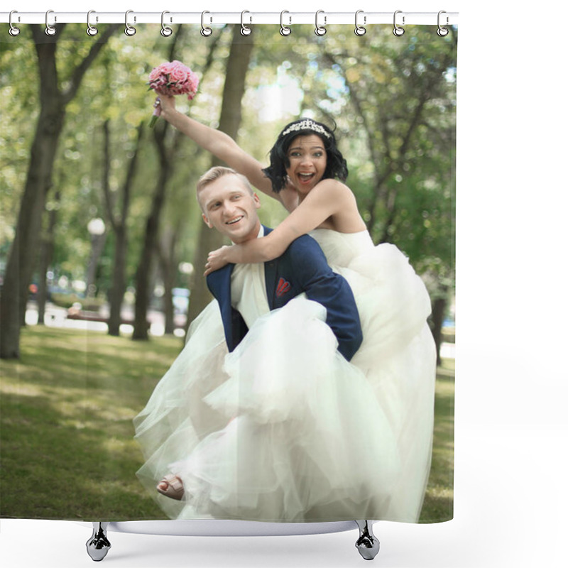 Personality  Funny Bride And Groom Having Fun In The Park Shower Curtains