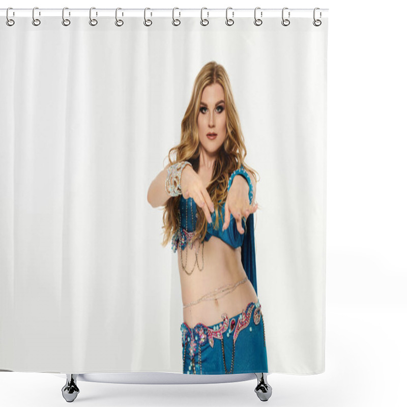 Personality  Woman In Belly Dance Attire Points Directly At Viewer. Shower Curtains