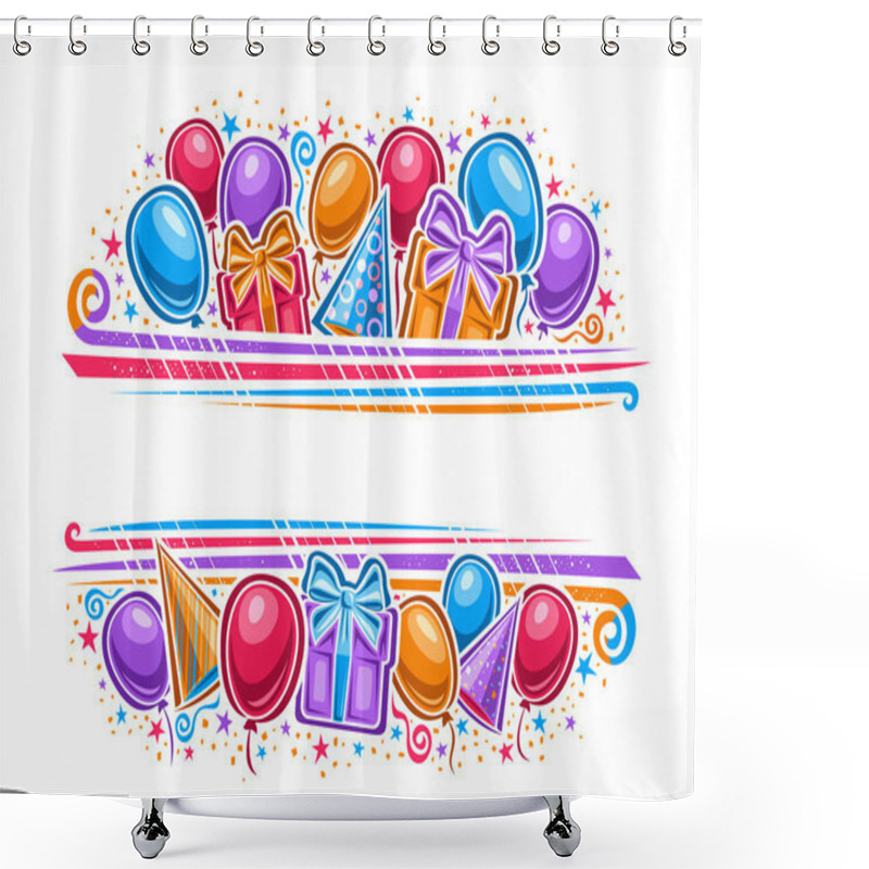 Personality  Vector Border For Happy Birthday With Copy Space, Horizontal Template With Illustration Of Variety Colorful Balloons, Two Gift Boxes And Decorative Flourishes For Birthday Party On White Background Shower Curtains