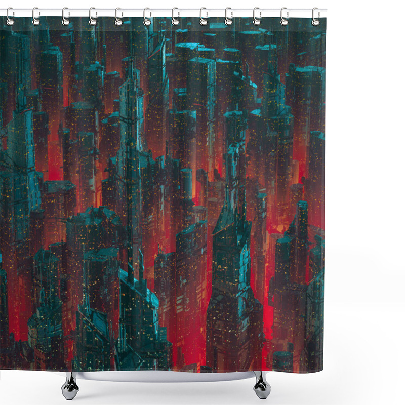 Personality  Capital City Of The Future / 3D Illustration Of Dark Towering Futuristic Science Fiction Cyberpunk Cityscape At Night Shower Curtains