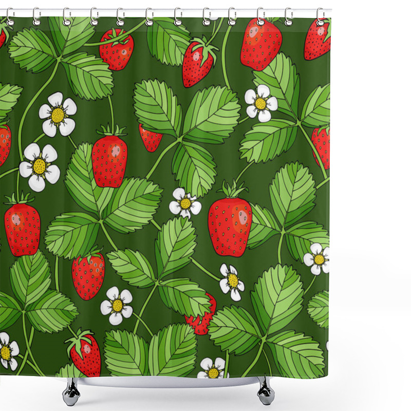 Personality  Sweet Strawberry Seamless Pattern. Bright Red Berries, Leaves And White Flowers On Green Background. Tasty Summer Berries. Colorful Cartoon Vector Illustration For Decoration, Textile, Wrapping Shower Curtains