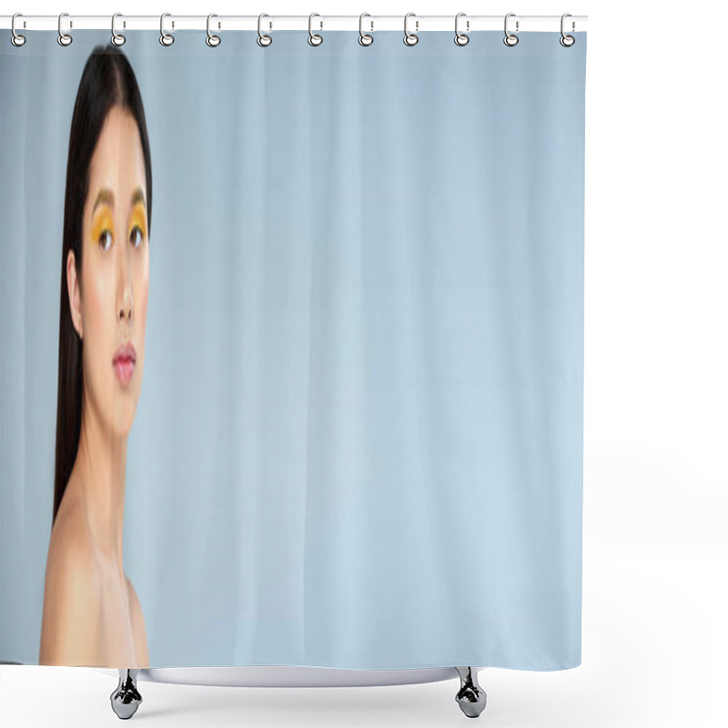 Personality  Portrait, Asian Woman With Bold Makeup And Bare Shoulders Looking Away On Blue Backdrop, Banner Shower Curtains