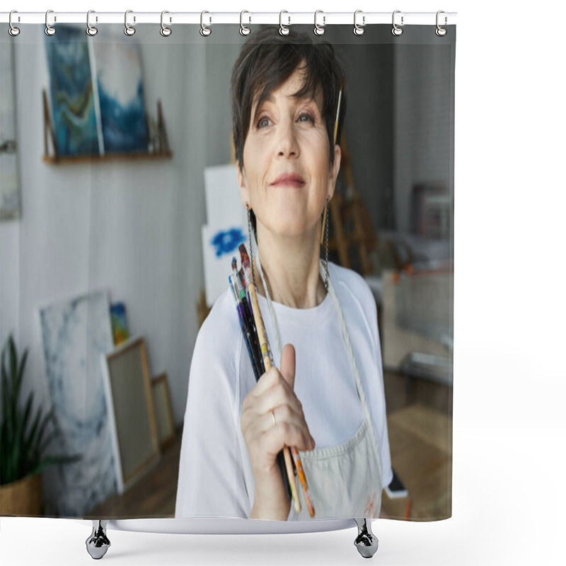 Personality  A Painter Smiles, Holding Brushes In Her Vibrant Art Studio. Shower Curtains