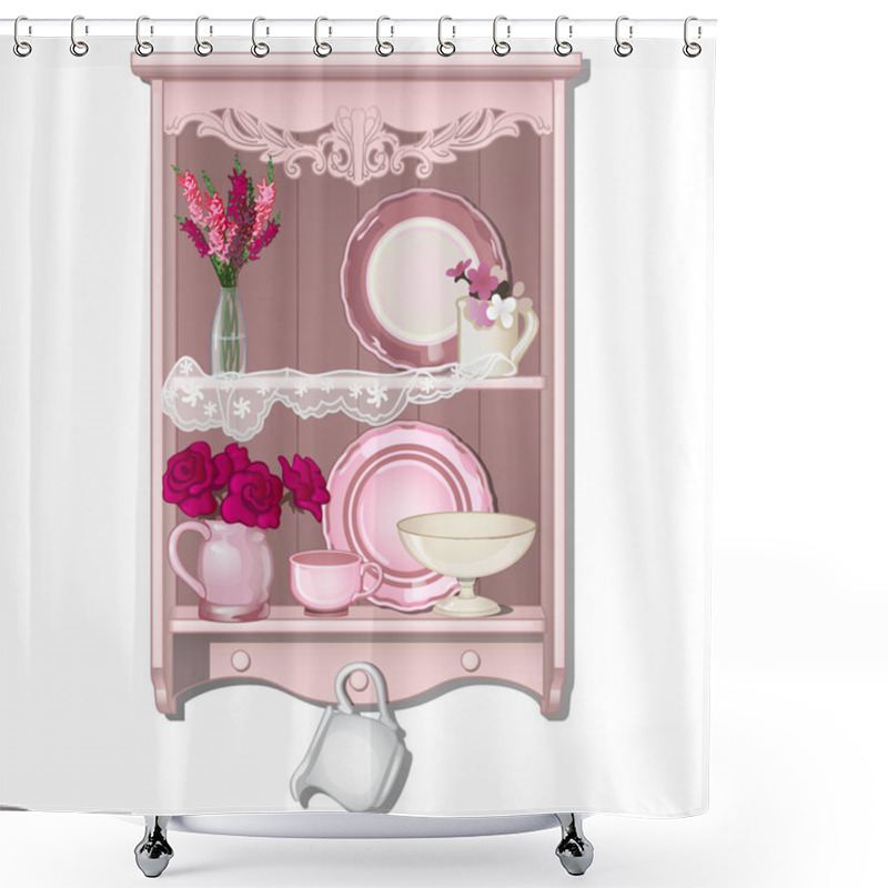 Personality  Kitchen Shelf With Dishes And Flowers. Vector Illustration. Shower Curtains