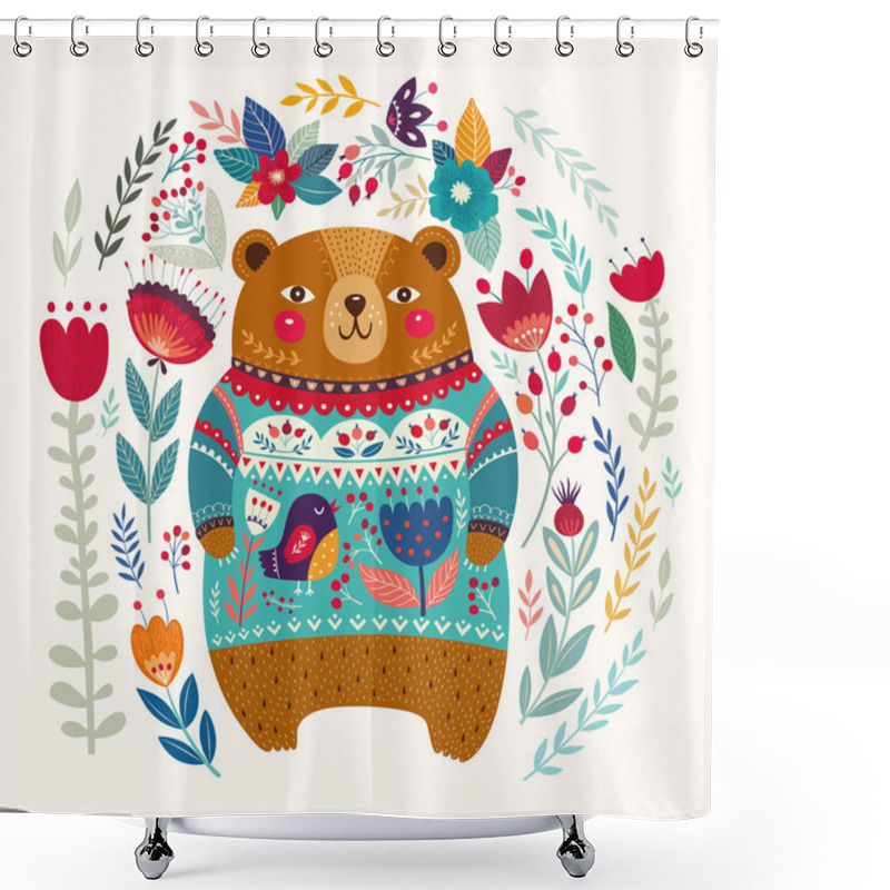 Personality  Floral Pattern With Adorable Bear Shower Curtains