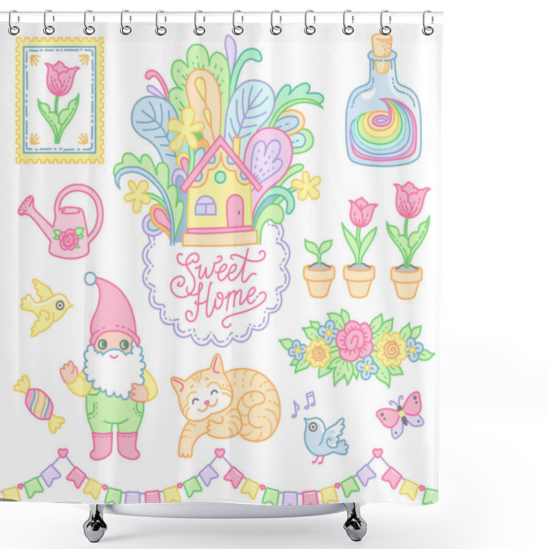 Personality  Gnome And His Sweet Home. A Set Of Cute Decorative Elements, Characters And Stickers. Illistrations At Cartoon Style Isolated On White Backgroun Shower Curtains