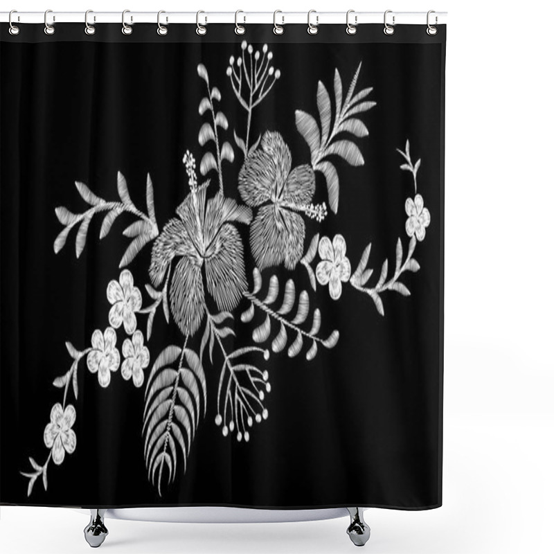 Personality  Tropical Embroidery Flower Arrangement. Exotic Plant Blossom Summer Jungle. Fashion Print Textile Patch. Hawaii Hibiscus Plumeria Vector Illustration Shower Curtains