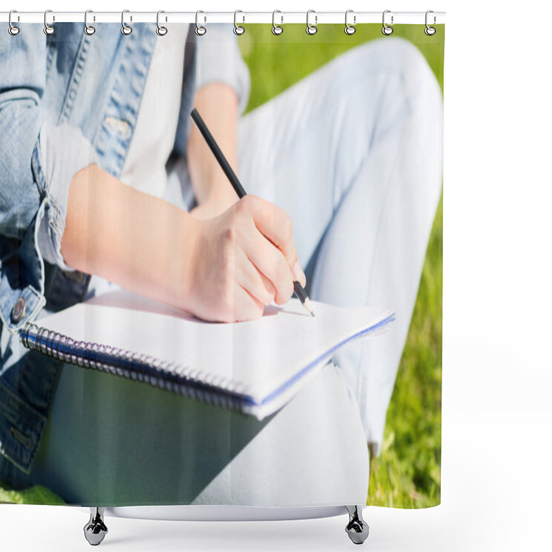 Personality  Close Up Of Girl With Notebook Writing In Park Shower Curtains