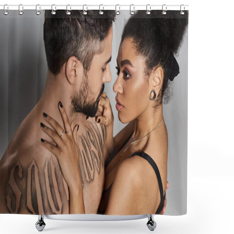 Personality  A Devoted Couple Shares An Intimate Moment, Lost In Each Others Eyes With Deep Affection. Shower Curtains