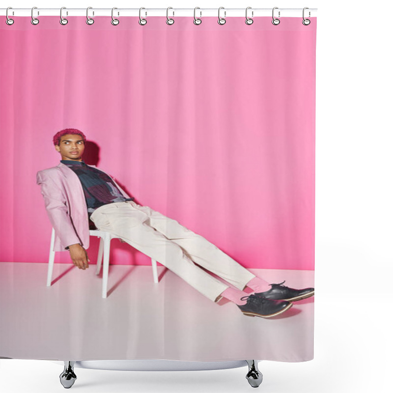 Personality  Young Handsome Man In Pink Blazer With White Pants Sitting On Chair On Pink Backdrop, Doll Like Shower Curtains