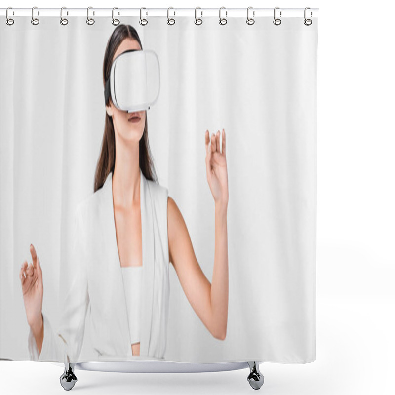 Personality  Close Up Of Adult Woman Gesturing In Virtual Reality Headset Isolated On White Shower Curtains