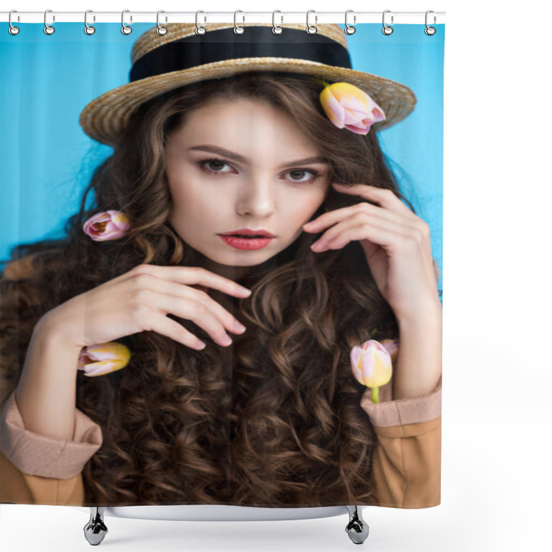 Personality  Sensual Young Woman In Canotier Hat With Flowers In Her Long Curly Hair Shower Curtains