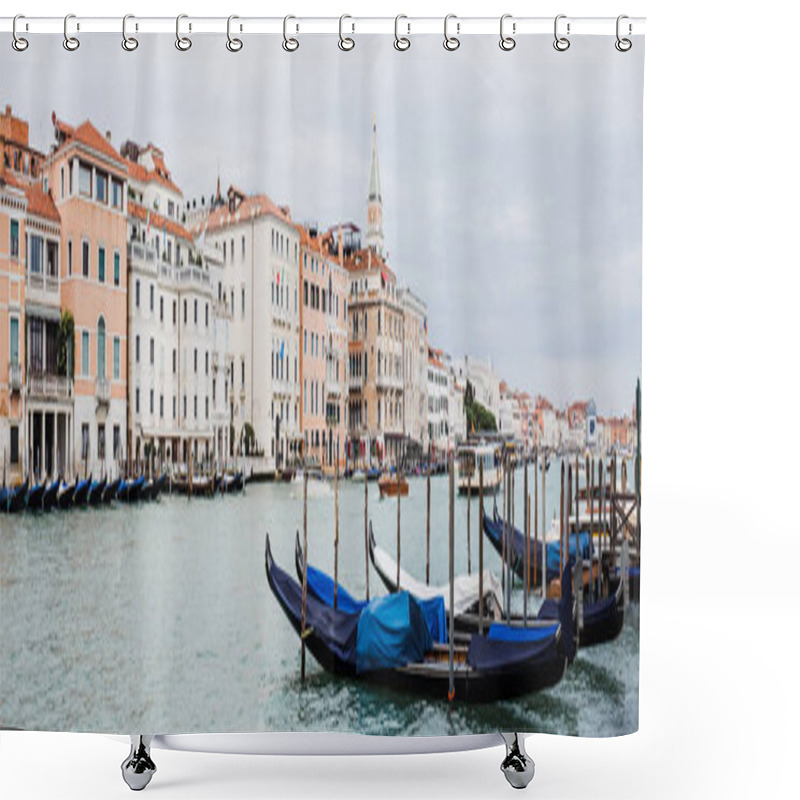 Personality  Panoramic Shot Of Canal With Gondolas And Ancient Buildings In Venice, Italy  Shower Curtains