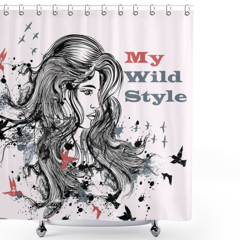 Personality  Cute Girls Face With Long Hair Sketch Style Shower Curtains