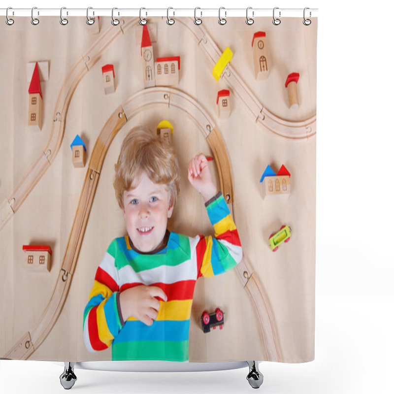 Personality  Little Blond Child Playing With Wooden Railroad Trains Indoor Shower Curtains