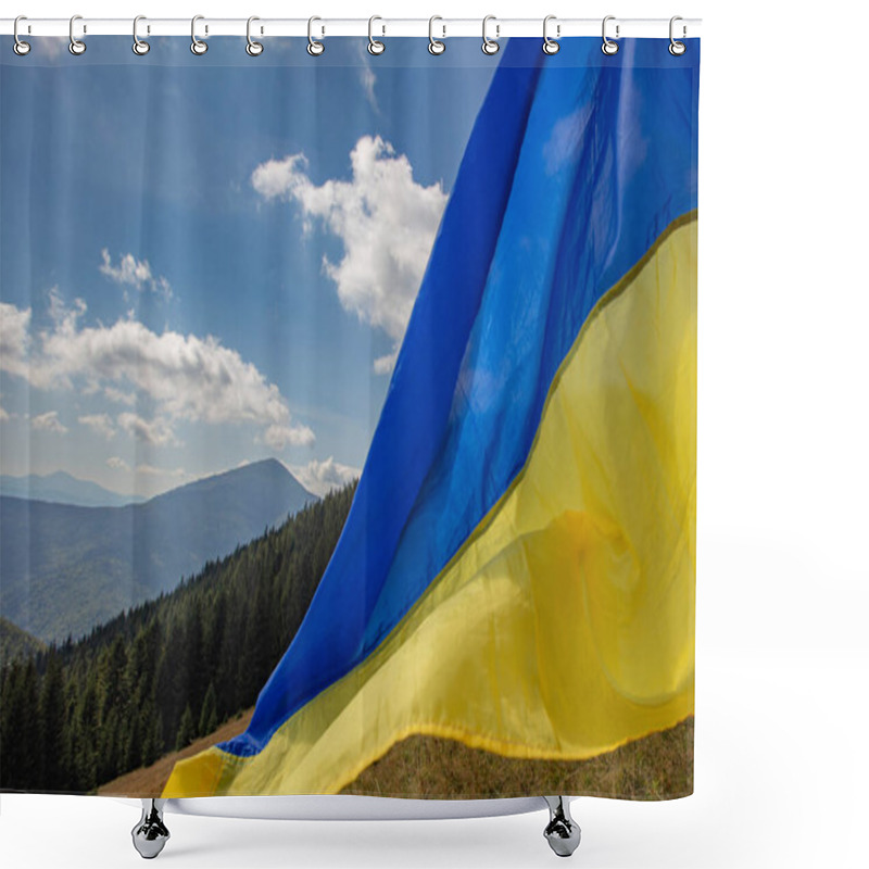 Personality  Ukrainian National Flag In Front Of Carpathian Mountains Shower Curtains