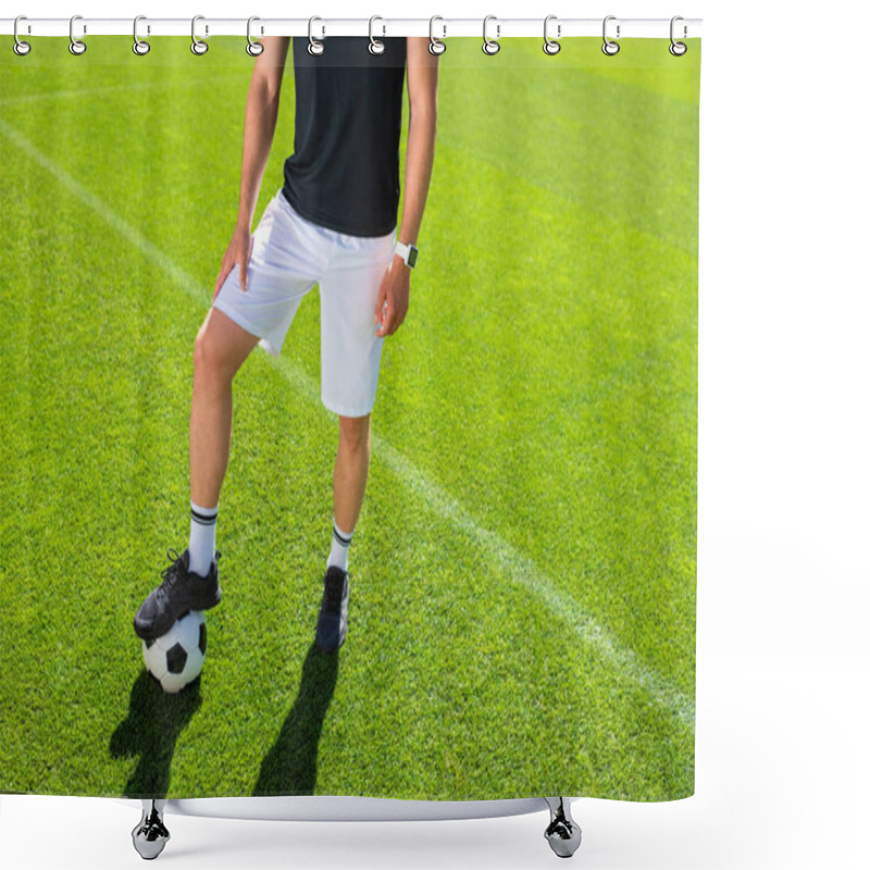 Personality  Cropped Shot Of Soccer Player With Ball Standing On Field Shower Curtains