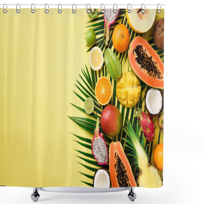 Personality  Exotic Fruits And Tropical Palm Leaves On Pastel Yellow Background - Papaya, Mango, Pineapple, Banana, Carambola, Dragon Fruit, Kiwi, Lemon, Orange, Melon, Coconut, Lime. Top View. Shower Curtains