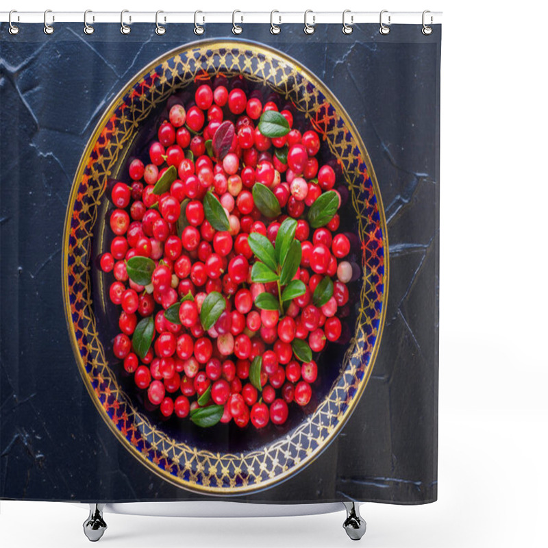 Personality  Berries On A Plate On A Dark Background In A Rustic Style. National Cuisine. Raw Materials For Tea, Jam And Medicinal Decoctions. Vaccinium Vitis-idaea (lingonberry Or Cowberry). Shower Curtains