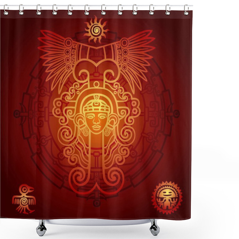 Personality  Linear Drawing: Decorative Image Of An Ancient Indian Deity. Mystical Circle. Symbols Of The Sun, Bird, Person. Vector Illustration. Shower Curtains