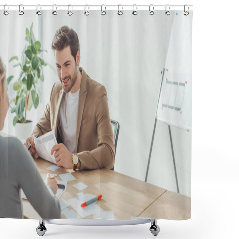 Personality  Selective Focus Of Smiling Designer Working With Mobile Application Layouts And Colleague At Table Shower Curtains