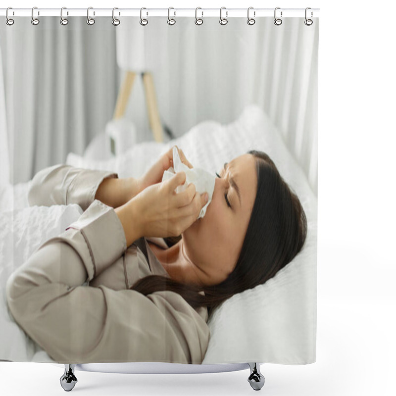 Personality  Sick Lady Suffering From Running Stuffy Nose, Lying In Bed And Blowing Her Nose Using Paper Napkin Tissue. Cold And Flu Concept Shower Curtains