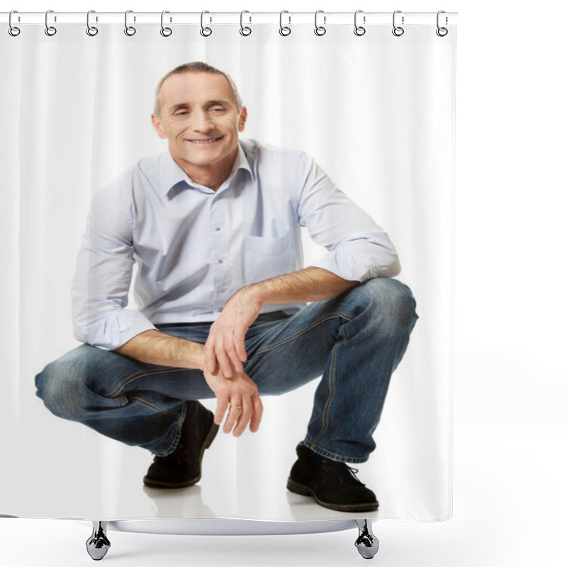 Personality  Happy Handsome Mature Man Squatting Shower Curtains