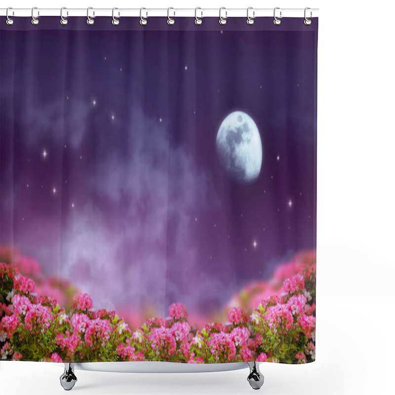 Personality  Fantasy Background Of Night Sky With Shining Stars, Mysterious Clouds, Moon And Rose Flowers Field. Photo Of Moon Is Taken By Me With My Camera. Shower Curtains