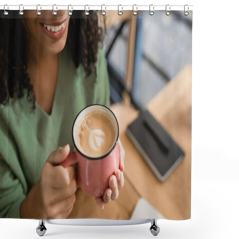 Personality  High Angle View Of Happy African American Woman Holding Cup Of Coffee In Cafe Shower Curtains