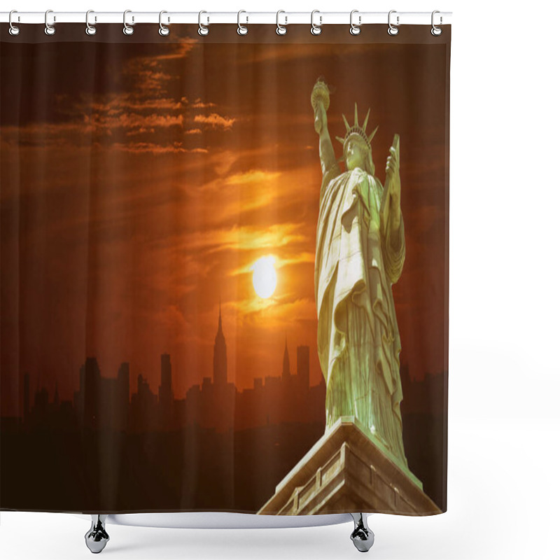 Personality  The Statue Of Liberty Of New York Manhattan View Of Manhattan New York City Sunset On The Background Shower Curtains