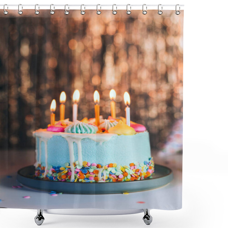 Personality  Colorful Birthday Cake With Sprinkles And Burning Candles On The Sparkling Gold Tinsel Background. Festive Birthday Celebration, Party. Vertical Card. Selective Focus, Copy Space. Shower Curtains