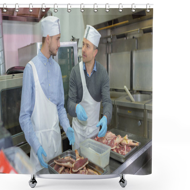 Personality  Apprentice And Chief Preparing Meat In Restaurant Kitchen Shower Curtains