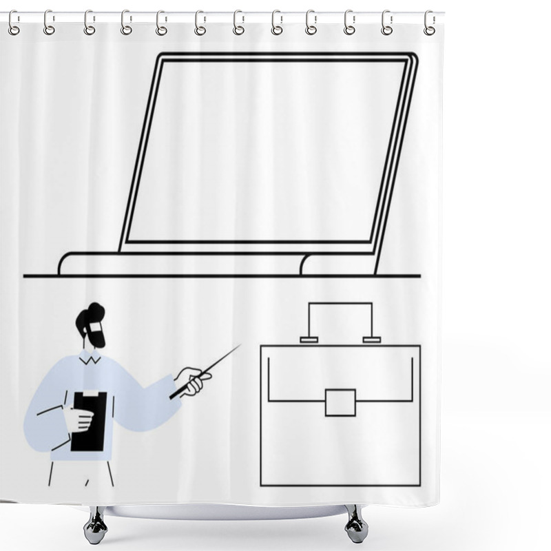 Personality  Man Pointing At Laptop Screen Holds Clipboard Near Briefcase, Symbolizing Analysis, Planning, And Presentations. Ideal For Business Communication, Education, Strategy, Remote Work, Productivity Shower Curtains