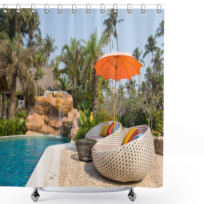 Personality  Swimming Pool And Beach Chairs In A Tropical Garden, Thailand Shower Curtains