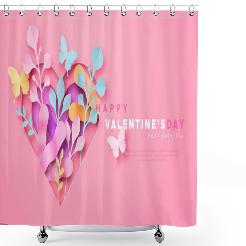 Personality  Happy Valentine's Day Greeting Card Template Illustration In 3d Papercut Style. Pink Paper Craft Heart, Nature Plant Leaf And Butterfly. Romantic February 14 Holiday Event Design With Copy Space. Shower Curtains