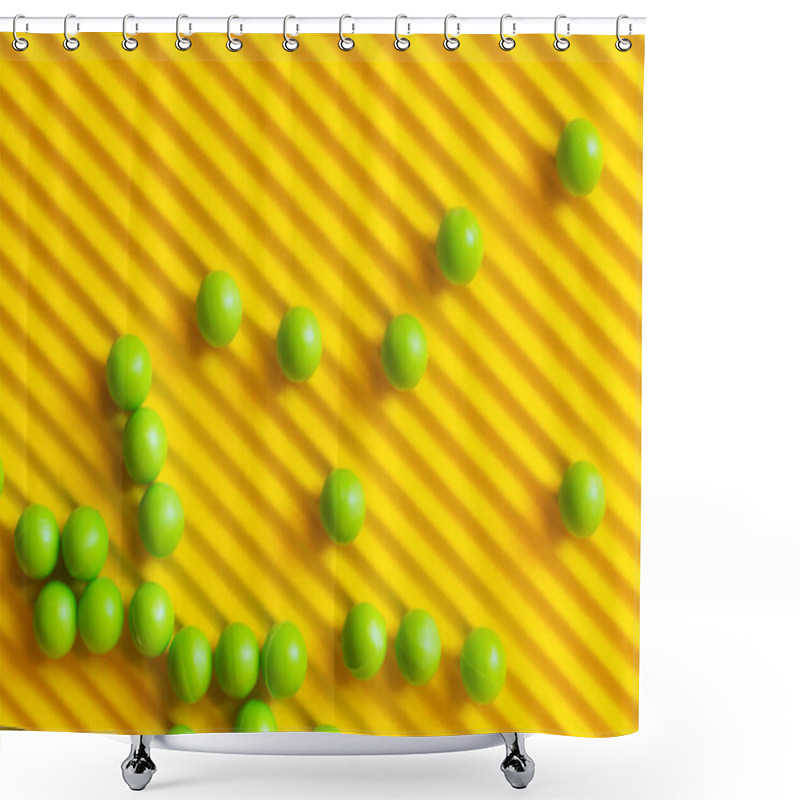 Personality  Top View Of Small Green Balls Scattered On Textured Yellow Background Shower Curtains