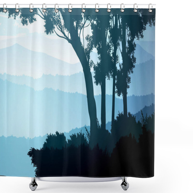 Personality  Natural Forest Trees Mountains Horizon Hills And The Route Sunrise And Sunset Landscape Wallpaper Illustration Vector Style Colorful View Background Shower Curtains