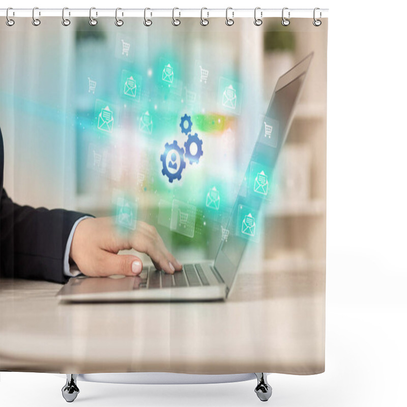 Personality  Businessman Working On Laptop With Gear Icons Coming Out From It, Successful Business Concept Shower Curtains