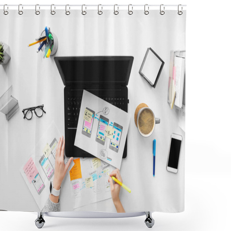 Personality  Web Designer Working On User Interface At Office Shower Curtains