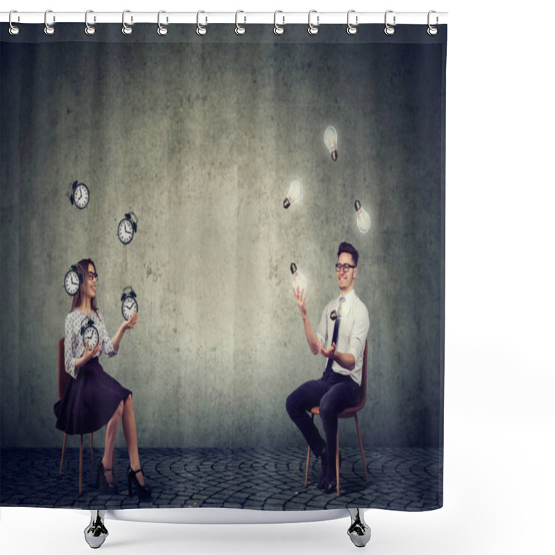 Personality  Businessman Juggling With Bright Idea Light Bulbs With Businesswoman Managing Time And Efficiency  Shower Curtains